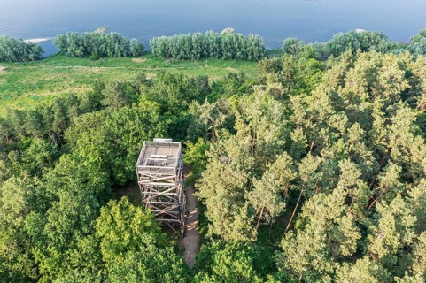 Aerial view of viewpoint Kiepenberg near Elbe river, wooden tower west of village Hitzacker,