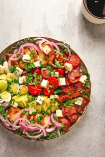 Cobb salad, keto food, top view, no people, close-up