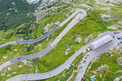Aerial view of the Belvedere Hotel and the Furka Pass road, Obergoms, Canton of Valais, Swiss Alps,