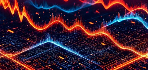 Abstract illustration of digital wave forms and circuits converging to form abstract symbols of