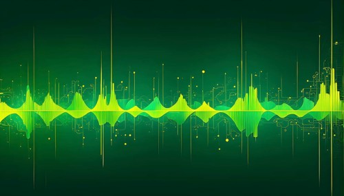Abstract illustration of digital wave forms and circuits converging to form abstract symbols of