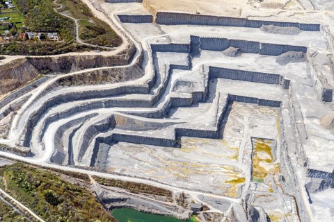 Bernburg, Saale, quarry, cement works, raw material, mining, steps, aerial view, Saxony-Anhalt,