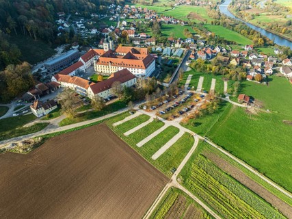 Aerial view of Plankstetten with Benedictine Abbey, Plankstetten, Berching, Bavaria, Germany,