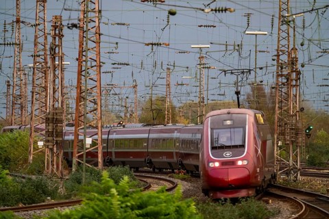 Eurostar train leaving Essen Central Station, North Rhine-Westphalia, Germany, Europe