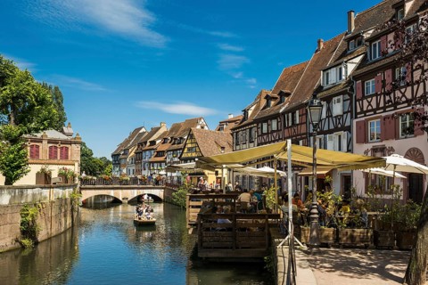 Picturesque colourful half-timbered houses, La Petite Venise, Colmar, Alsace, Bas-Rhin, France,