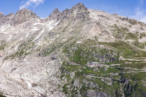 Rhone glacier, valley glacier in the headwaters of the Rhone in the Swiss Alps. Melting glacier,
