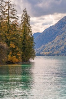 Lake with wooded shore and mountains under a cloudy sky, Lake Brienz, Switzerland, Europe