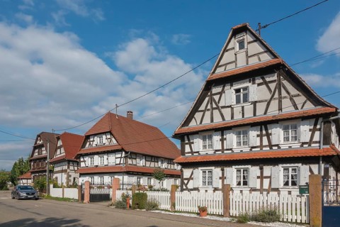Half-timbered houses in the village of Seebach, Département Bas-Rhin, Alsace, France, Europe