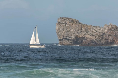 Sailboat sailing offshore on the Atlantic Ocean. Camaret sur mer, Crozon, Finistere, Brittany,