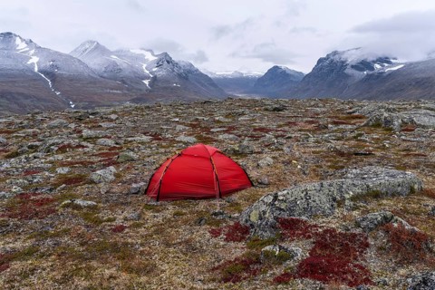 Tent in mountain landscape, Sarek National Park, World Heritage Laponia, Norrbotten, Lapland,