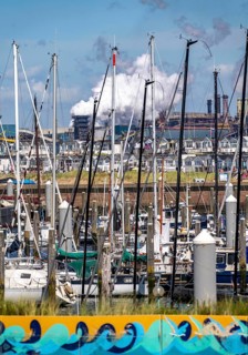 Seaport Marina IJmuiden, marina, sailing boats, yachts, behind the Tata Steel steel and smelting
