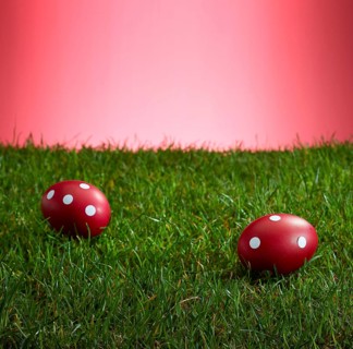 Turf in front of a red background, on it 2 red Easter eggs with white dots, studio shot