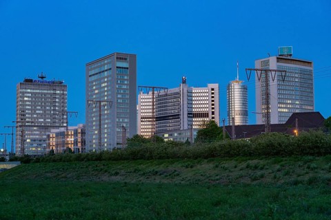 Skyline of Essen city centre with various administrative buildings and headquarters of large