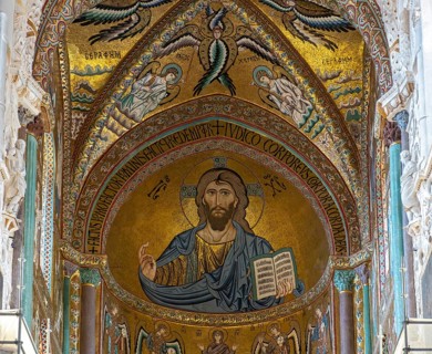 Christ Pantocrator mosaic, Cefalù Cathedral, Cefalu, Sicily, Italy, Europe