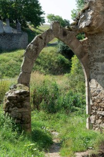 Medieval porch of Saint-Ilpize castle, Haute-Loire, Auvergne-Rhone-Alpes, France, Europe