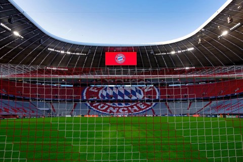 Stadium interior, pitch, scoreboard, FC Bayern Munich FCB logo, empty, goal net, Champions League,