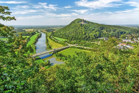 Weser breakthrough into the North German Plain with Kaiser Wilhelm Monument, Porta Westfalica,