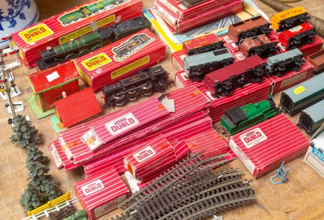 Vintage Horny Dublo train set on display at auction room, UK
