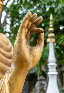 Close-up of Vitarka Mudra, hand gesture signifying the transmission of teachings of the Buddha, Wat