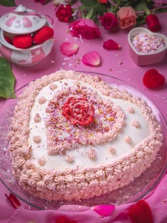A heart-shaped cake decorated in pink and white, surrounded by petals, roses, flying sugar