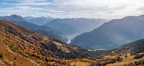 View of the mountain panorama and the Upper Inn Valley in the morning light, Krahberg on the Venet