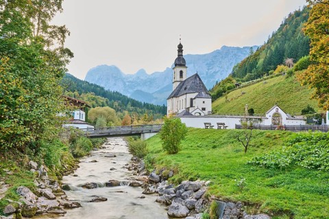 Church St. Sebastian in Ramsau, Ramsauer Ache River in autumn, Idyllic village, Berchtesgadener