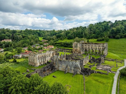 Rievaulx Abbey from a drone, North York Moors National Park, North Yorkshire, England, United