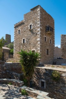 Historic stone village building with plants in the foreground, residential towers, Vathia, Ithylo,