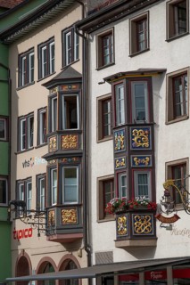 Historic bay windows on residential buildings, Rottweil, Baden-Württemberg, Germany, Europe