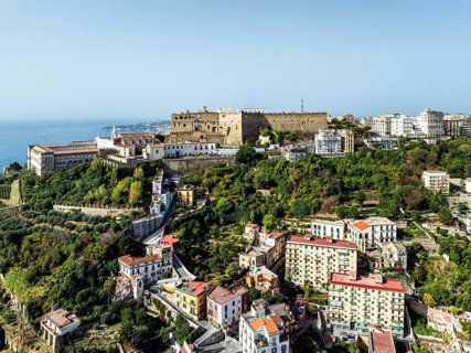 Castel Sant'Elmo and Charterhouse and Museum of San Martino from a drone, Campania, Italy, Europe