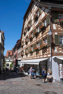 Half-timbered house and souvenir shop, gift shop in the old town centre of Meersburg on Lake