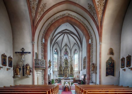 Interior view of choir, neo-Gothic high altar, altar, funeral service, coffin, parish church, Dorf