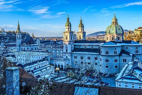 View from the Festungsberg over the historic city centre and the cathedral, a Roman Catholic