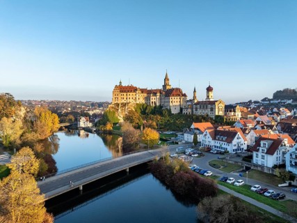 Aerial view of the town of Sigmaringen with the Hohenzollern Castle, a sight and tourist attraction