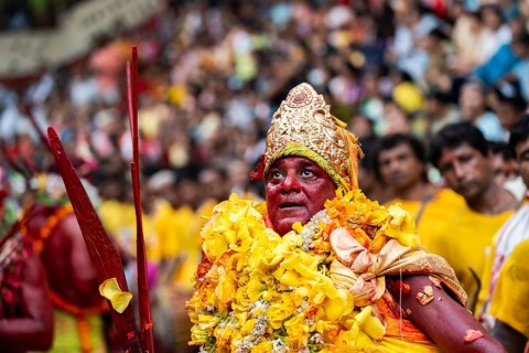 GUWAHATI, INDIA, AUGUST 19: Priest dance in the beat of Dhol (Drum) during the annual