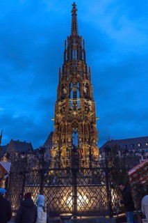 Beautiful fountain in the evening, copy, original in Germ, museum, main market, Nuremberg, Middle