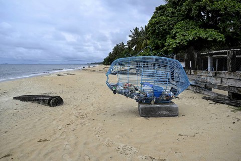 Container for washed up plastic waste on the beach, Libréville, Estuaire province, Gabon, Africa