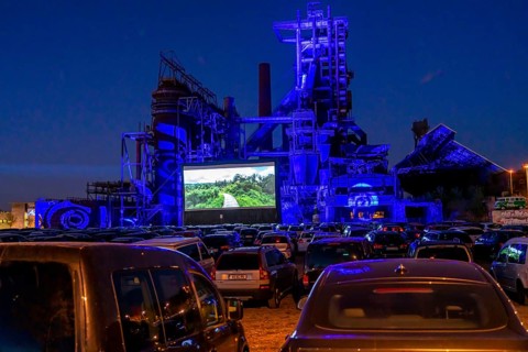 Drive-in cinema Dortmund, against the backdrop of the former blast furnace plant Phönix-West in