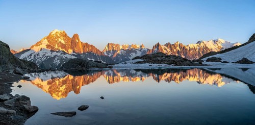 Evening mood, mountain landscape at sunset, alpenglow, water reflection in Lac Blanc, mountain