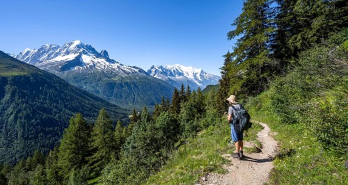 Mountaineer on hiking trail, mountain panorama with glaciated mountain peaks, Aiguille Verte with