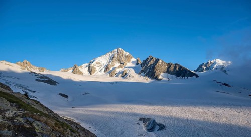 High alpine mountain landscape, summit of the Aiguille de Chardonnet and Glacier du Tour, glaciers