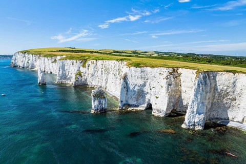White Cliffs of Old Harry Rocks Jurassic Coast from a drone, Dorset Coast, Poole, England, United