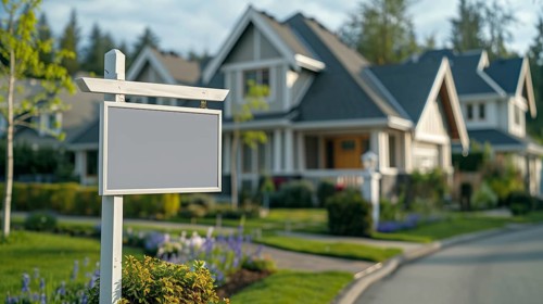Blank real estate sign ready for your message in front of house. generative AI, AI generated