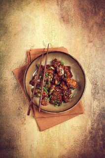 Yakitori chicken kebab, on a plate, with green onions and sesame seeds, top view, no people
