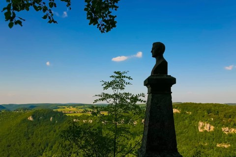 Bust of Wilhelm Hauff at Lichtenstein Castle, monument, stone figure, fairytale castle of
