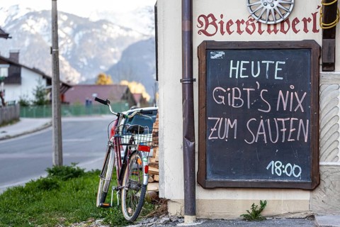 Funny sign at a pub, drinking, alcohol, beer, Mittenwald, Bavaria, Germany, Europe