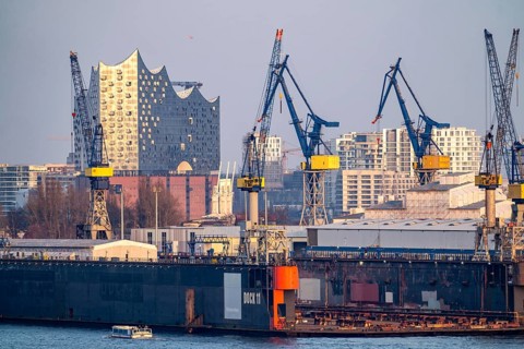 Hamburg harbour, Blohm + Voss shipyard, dry dock, dock 11, Elbe Philharmonic Hall concert hall in