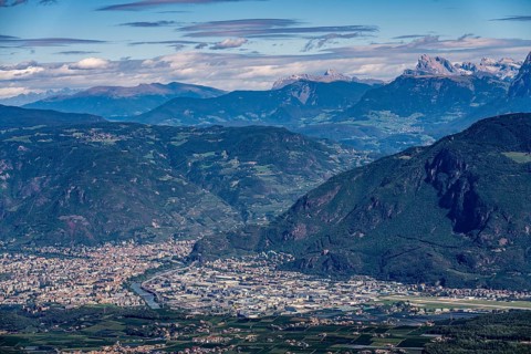 View of Bolzano and the Alps, Adige Valley, South Tyrol, Italy, Europe