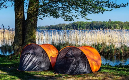 Two small tents, campsite, lake Schwerin, southern beach, Germany, Europe