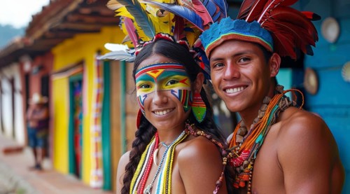 Smiling native indigenous people of Colombia and South America, dressed in colorful native clothes,